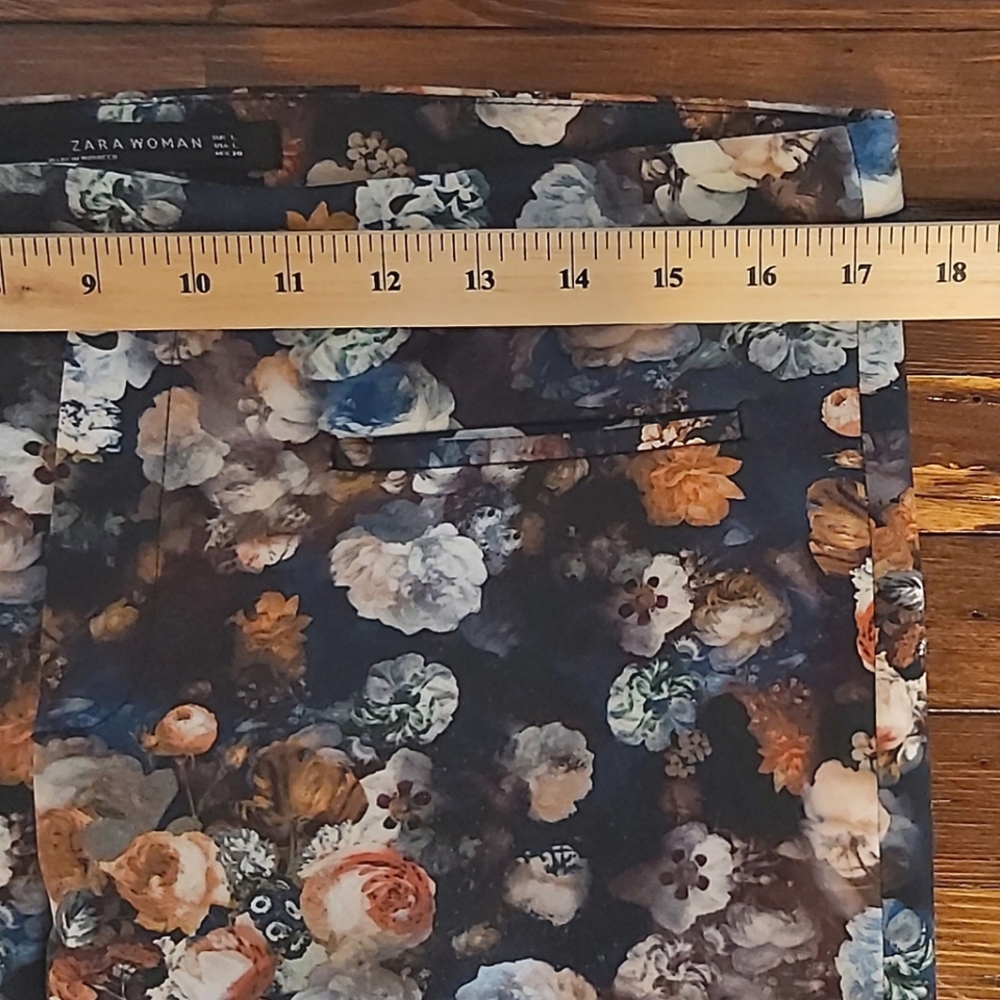 Zara pants womens L blue brown floral on black skinny trousers dark flower print - Picture 6 of 6
